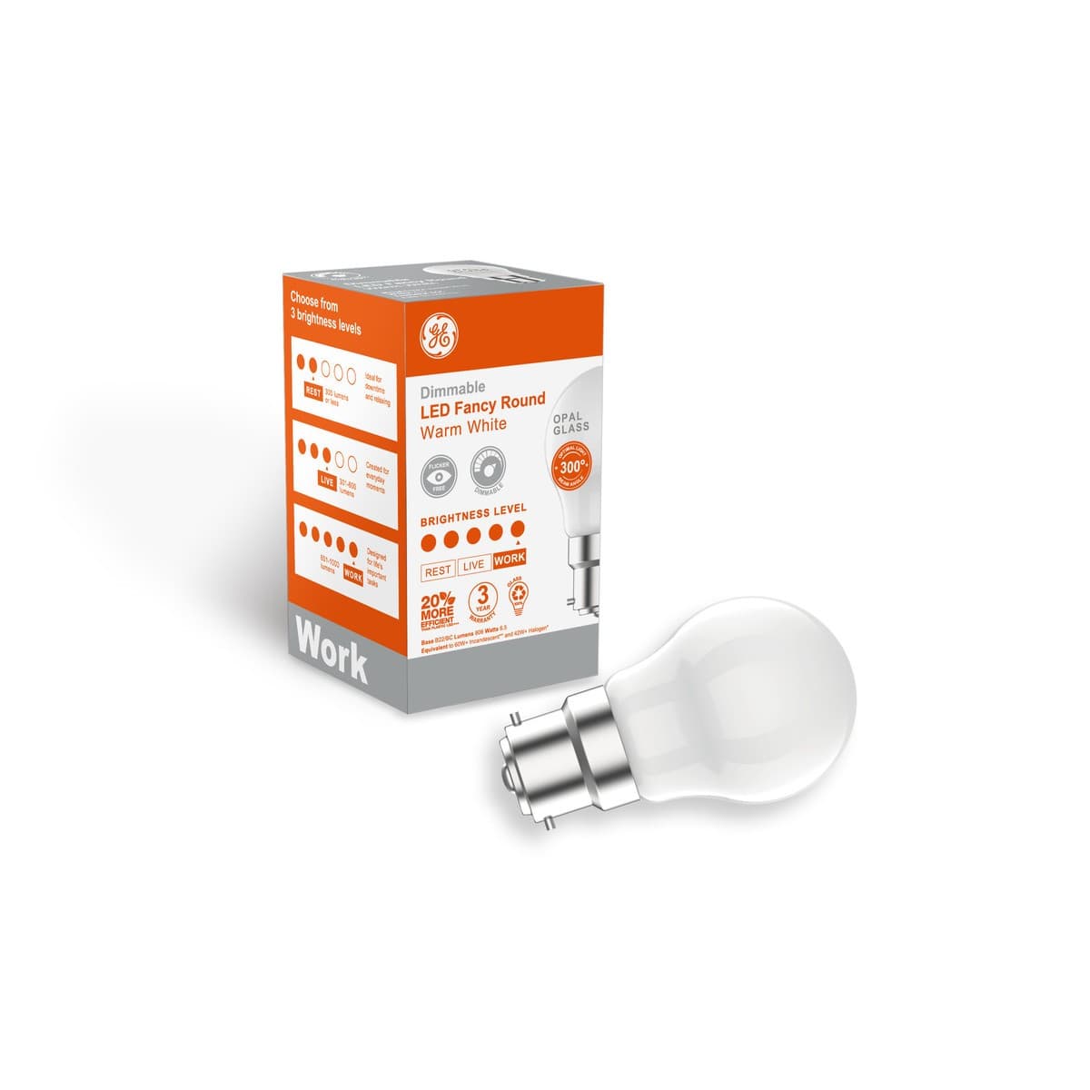 GE 6.5W LED Opal BC Dimmable Fancy Round Globe in Warm White