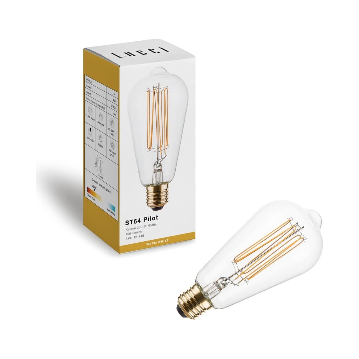 Lucci 6W LED Karbon ST64 Pilot ES Dimmable Globe with Clear Glass in Warm White
