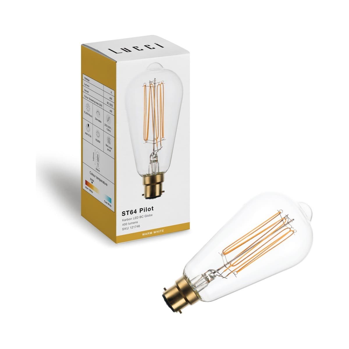 Lucci 6W LED Karbon ST64 Pilot BC Dimmable Globe with Clear Glass in Warm White