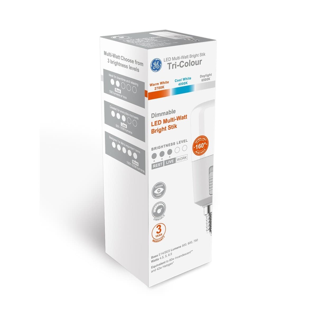 GE LED Bright Stik Multi-Watt Colour Switch CCT Dimmable SES Globe
