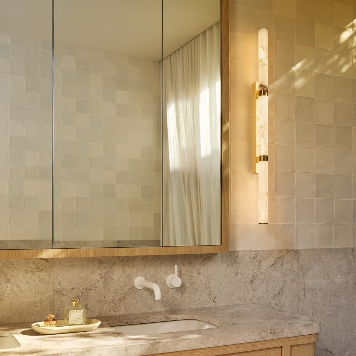 Made by Mayfair Luella 900mm LED Colour-Shifting Wall Bracket in Solid Brass with Spanish Alabaster-img-2