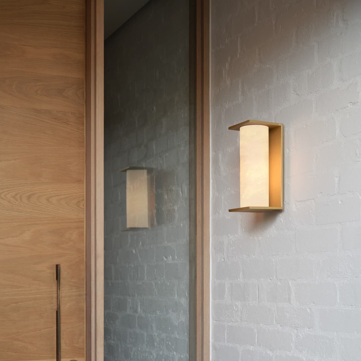 Made By Mayfair Seaside Escarpment Exterior Wall Bracket in Brass with Spanish Alabaster Shade-img-3