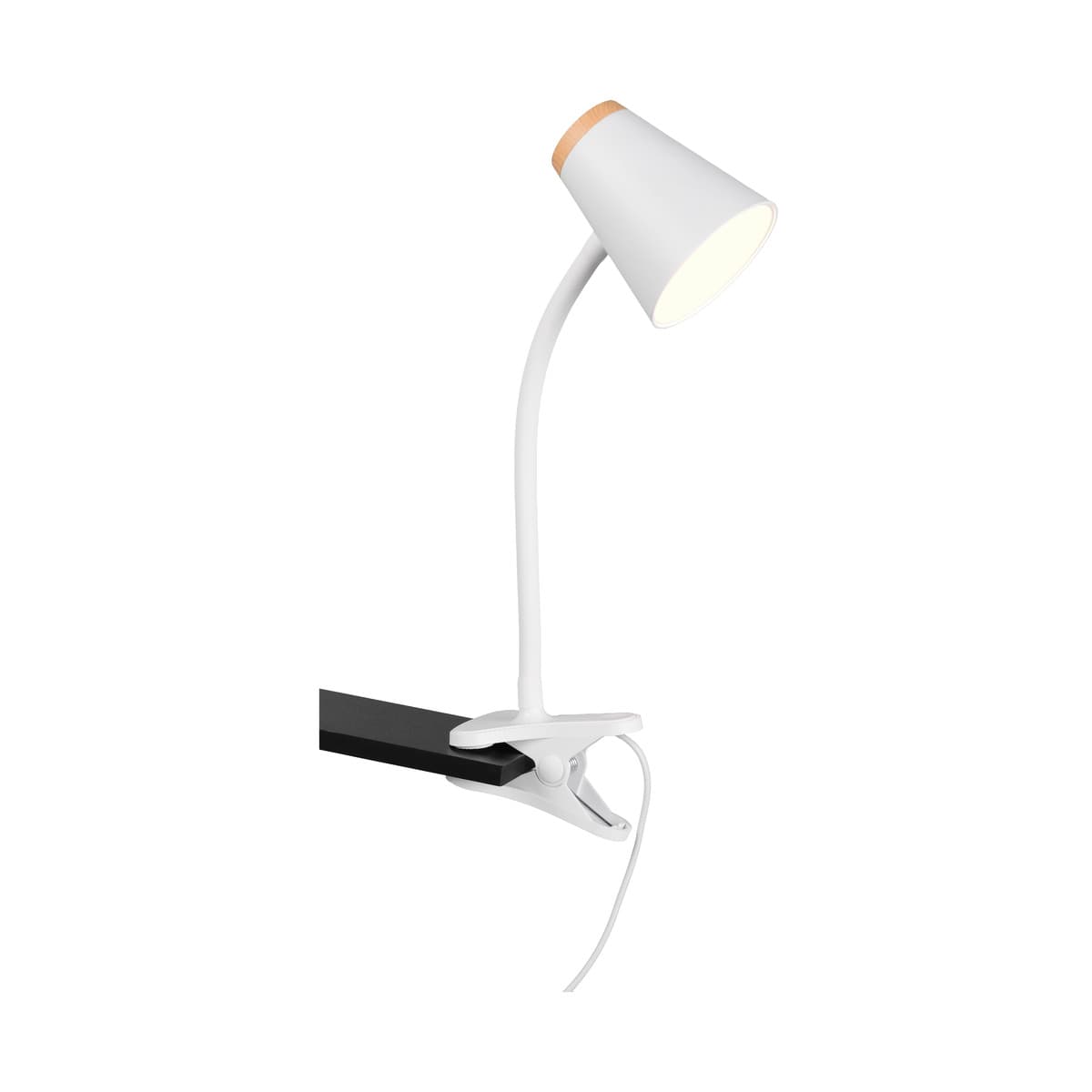 Mae Adjustable LED Clamp Lamp in White with Teak