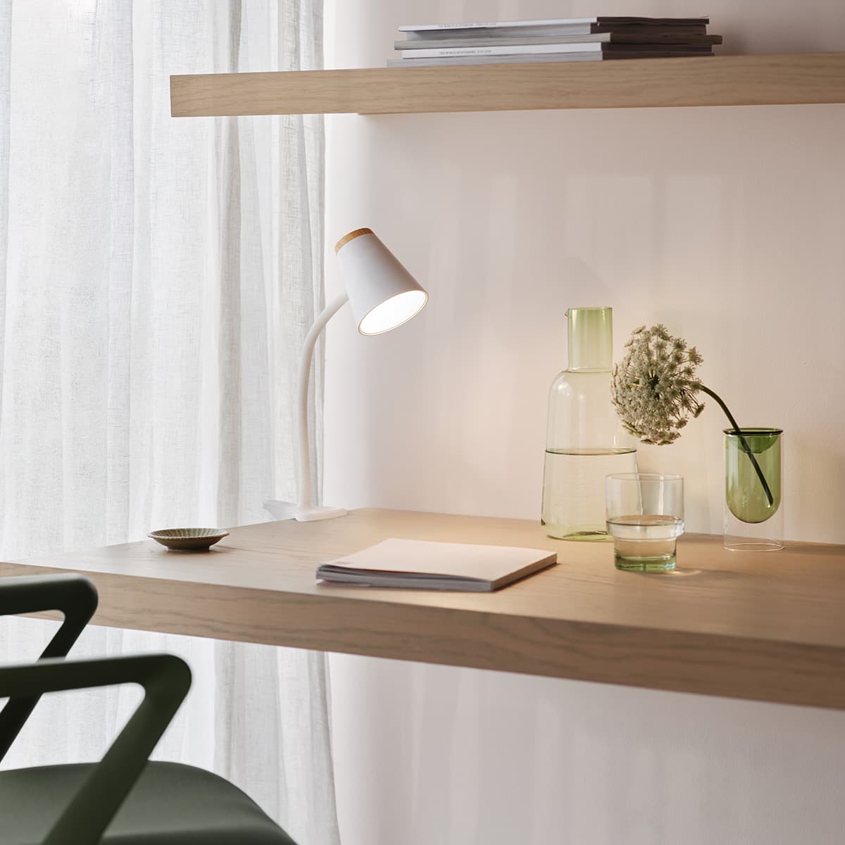 Mae Adjustable LED Clamp Lamp in White with Teak