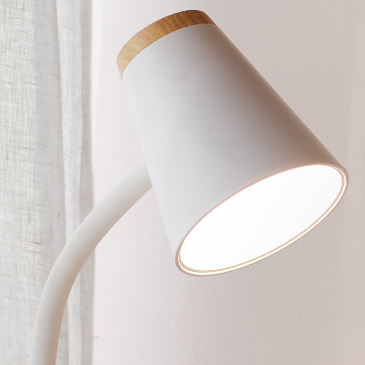 Mae Adjustable LED Clamp Lamp in White with Teak