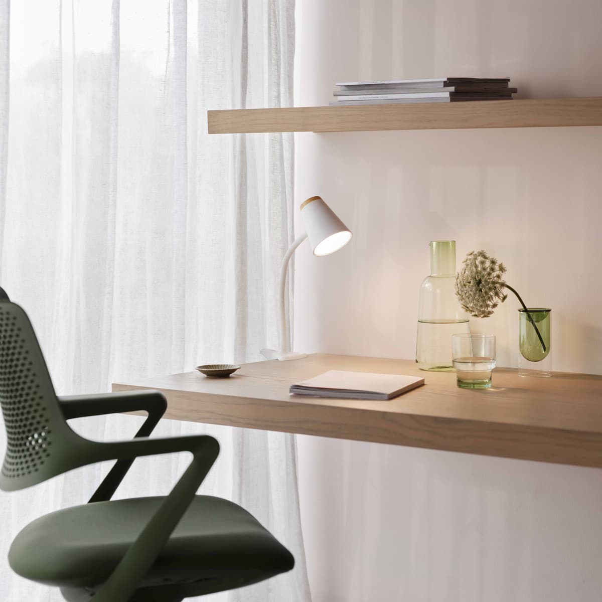 Mae Adjustable LED Clamp Lamp in White with Teak