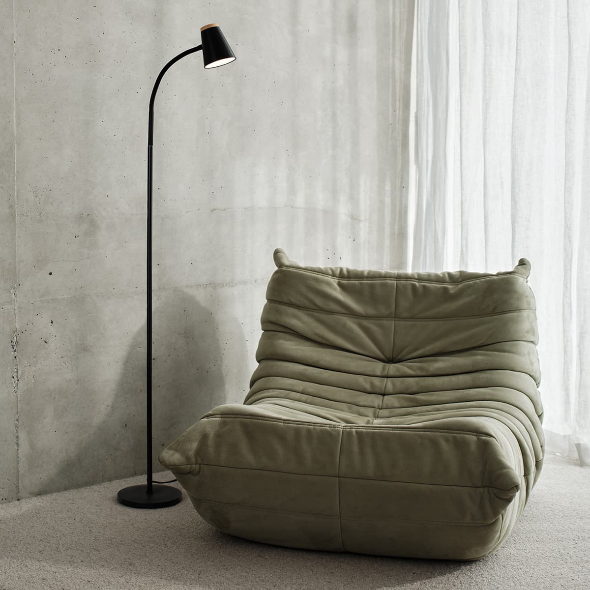 Mae Adjustable LED Floor Lamp in Black with Teak