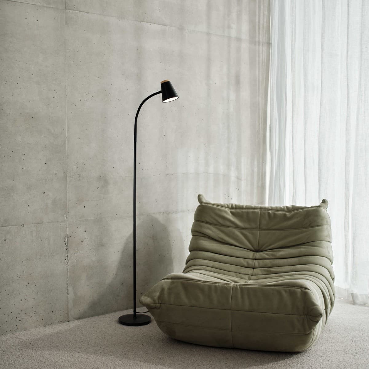 Mae Adjustable LED Floor Lamp in Black with Teak