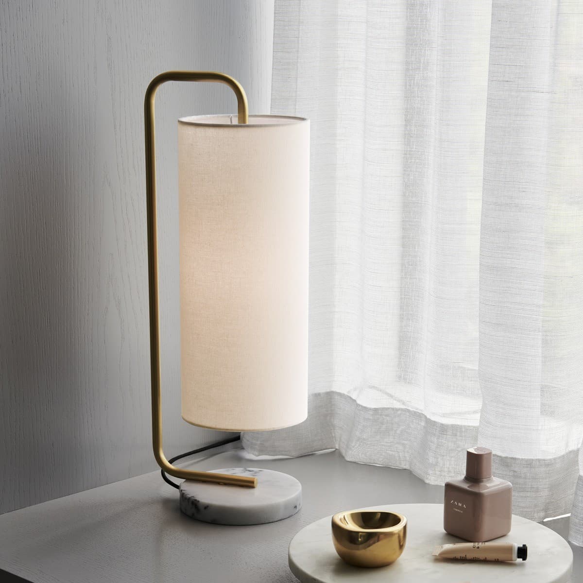 Astley 1 Light Table Lamp in Brass with Marble Base and White Linen Shade-img-3