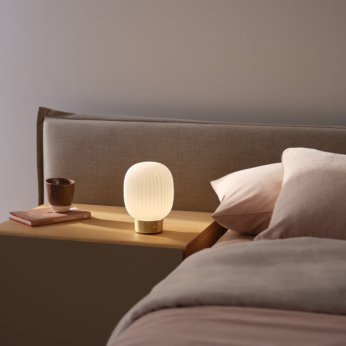Ellidy Tall LED Portable Rechargable Table Lamp in Brass with Ribbed Opal Glass Shade-img-3