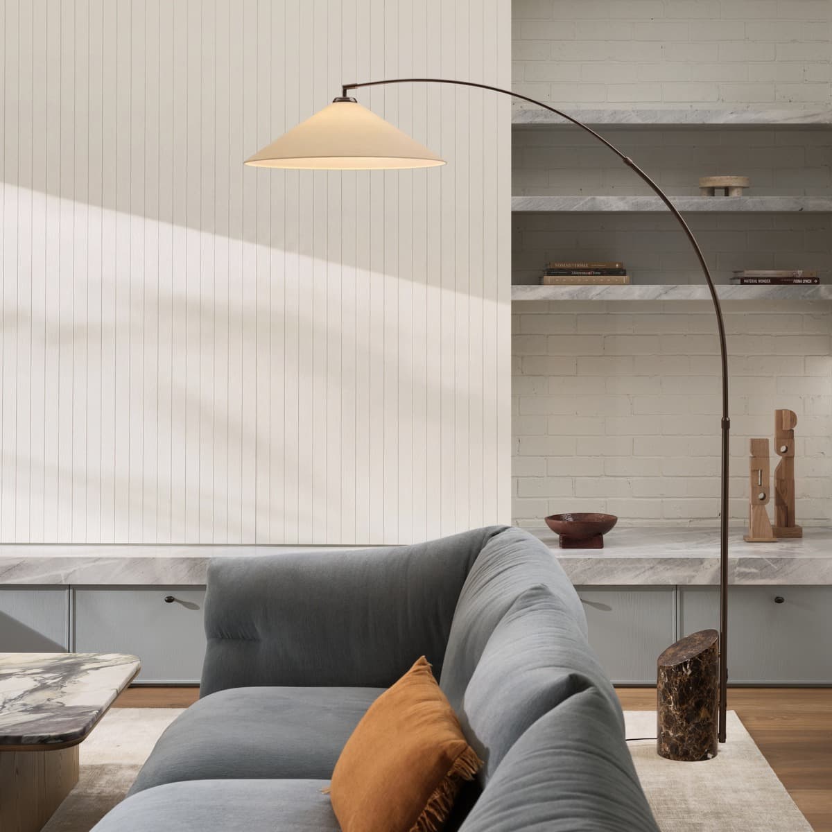 Valerie Floor Lamp in Bronze with Brown Marble and Natural Linen