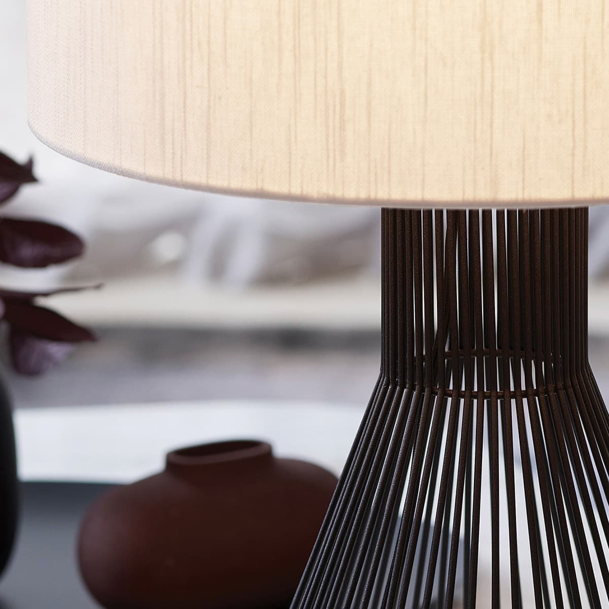 Akira 1 Light Tall Table Lamp with Metal Wire Base and White Linen Shade