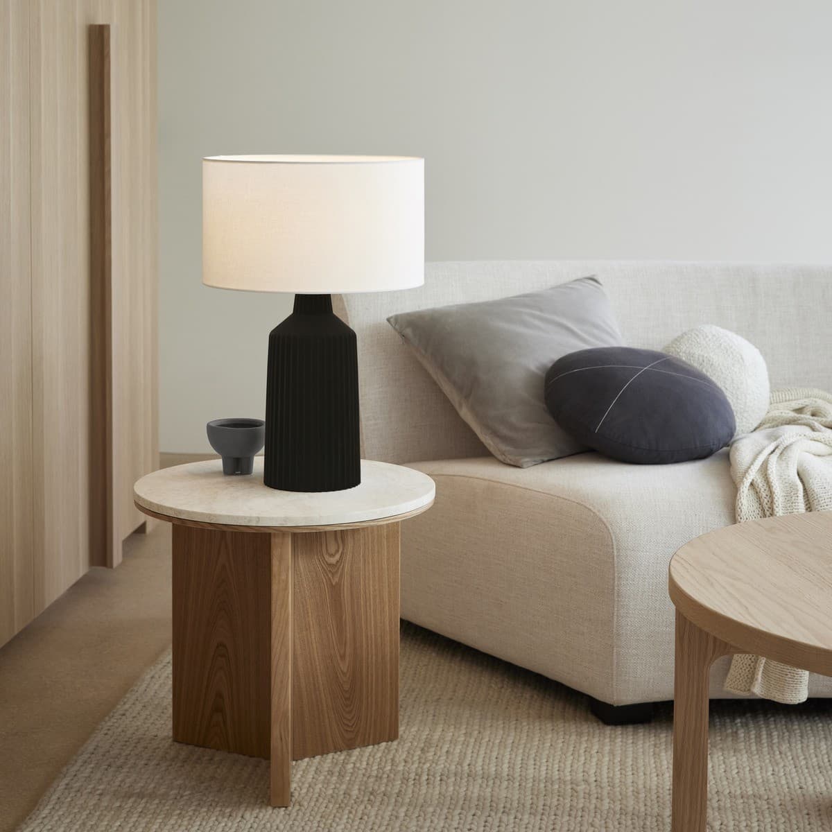 Miro 1 Light Table Lamp with Black Ribbed Concrete Base and White Linen Shade-img-2