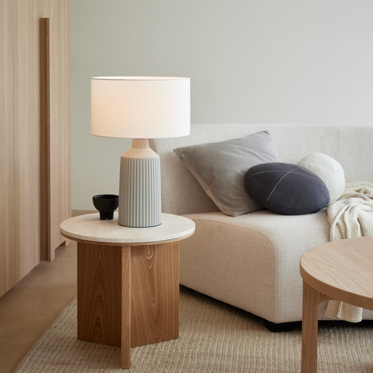 Miro 1 Light Table Lamp with Grey Ribbed Concrete Base and White Linen Shade