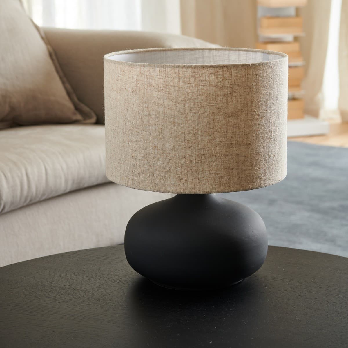 Mietta 1 Light Table Lamp with Black Ceramic Base and Natural Linen Shade-img-4