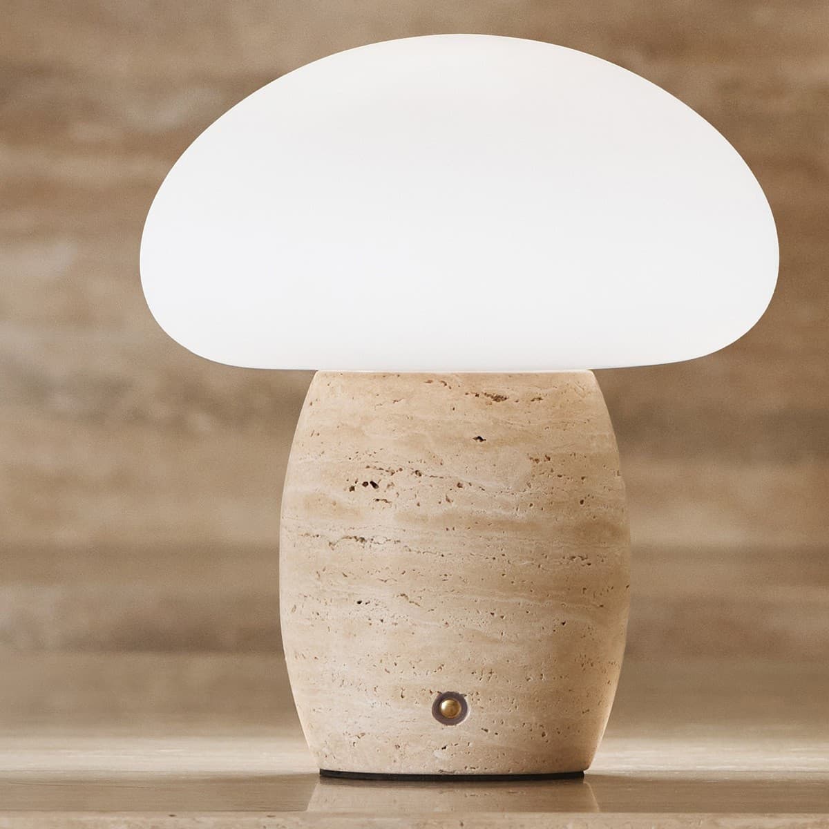 Arne LED Portable Rechargeable Table Lamp in Natural Travertine with Opal Glass