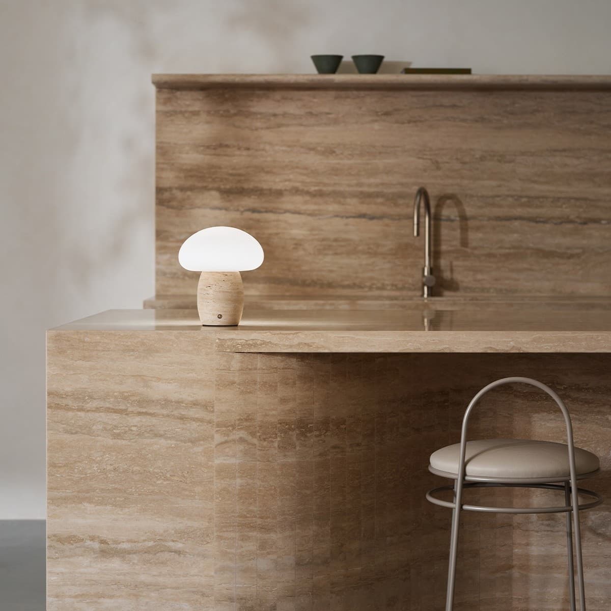 Arne LED Portable Rechargeable Table Lamp in Natural Travertine with Opal Glass