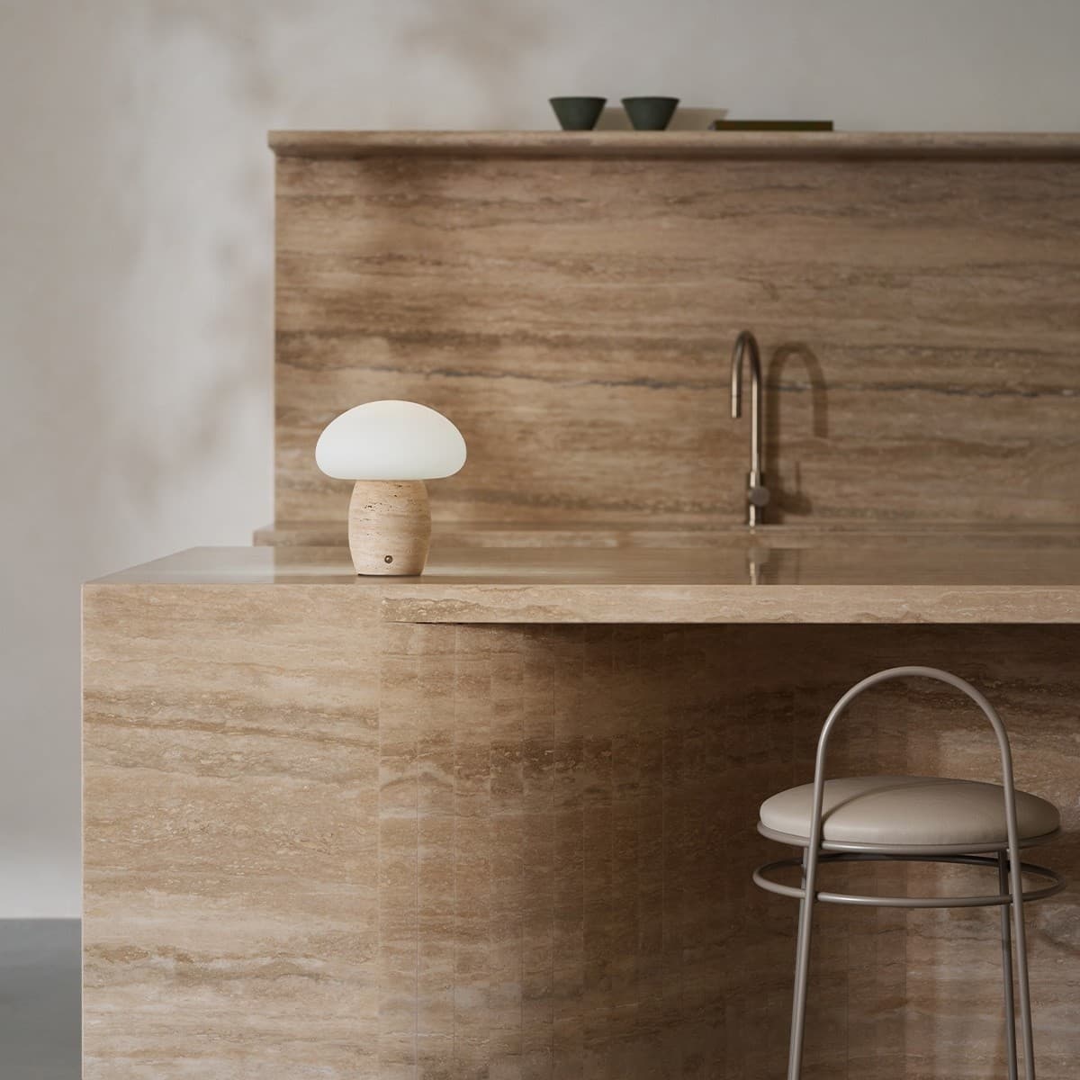 Arne LED Portable Rechargeable Table Lamp in Natural Travertine with Opal Glass