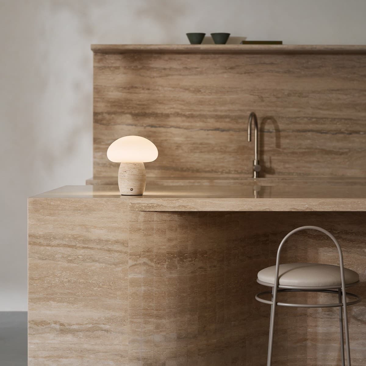 Arne LED Portable Rechargeable Table Lamp in Natural Travertine with Opal Glass