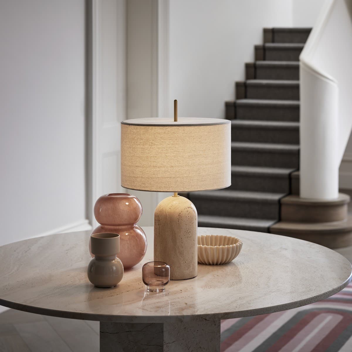 Made by Mayfair Rhodes 1 Light Table Lamp in Natural Travertine with Solid Brass Detail and Natural Linen Shade-img-2