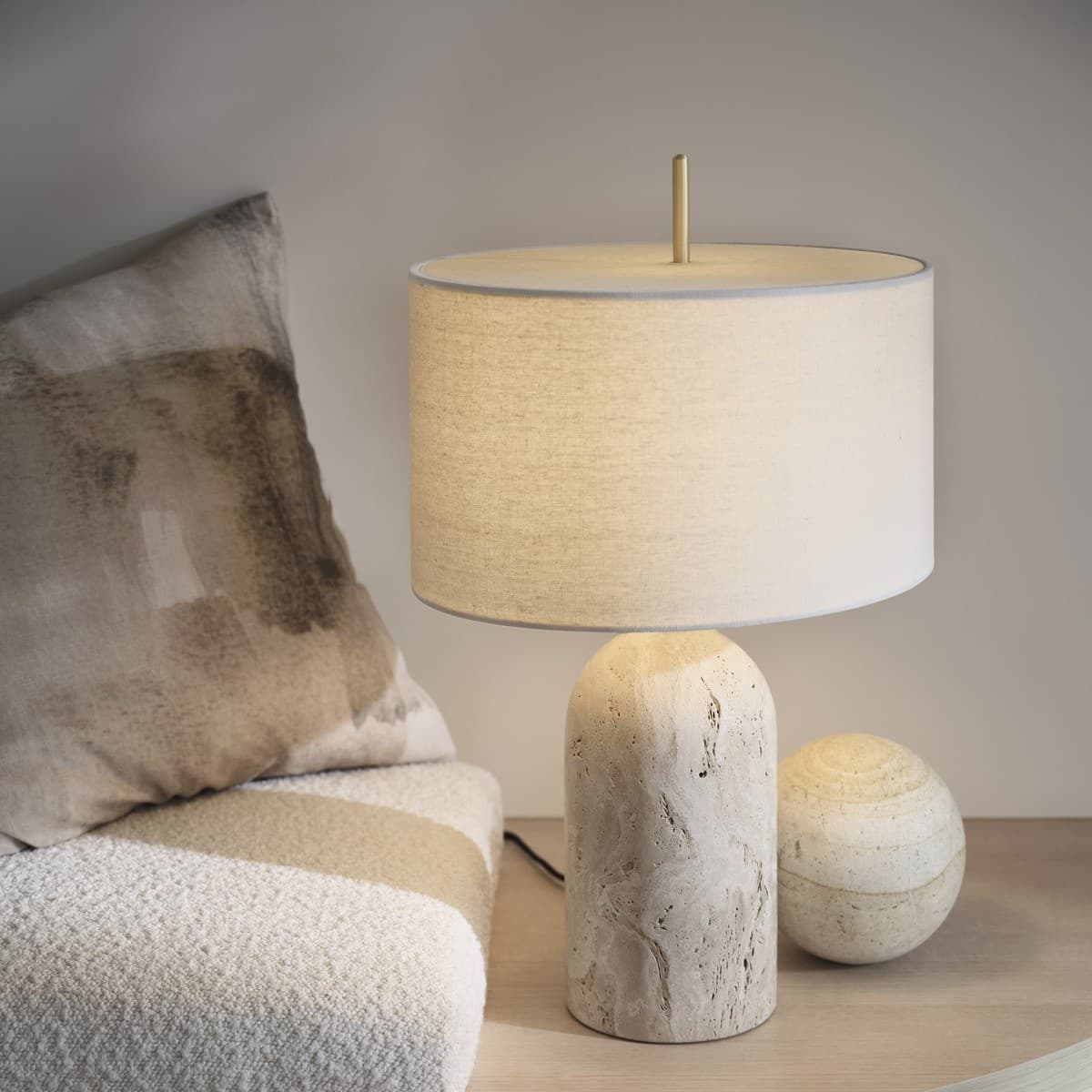 Made by Mayfair Rhodes 1 Light Table Lamp in Natural Travertine with Solid Brass Detail and Natural Linen Shade-img-3