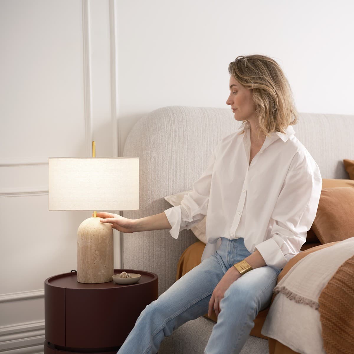 Made by Mayfair Rhodes 1 Light Table Lamp in Natural Travertine with Solid Brass Detail and Natural Linen Shade-img-5
