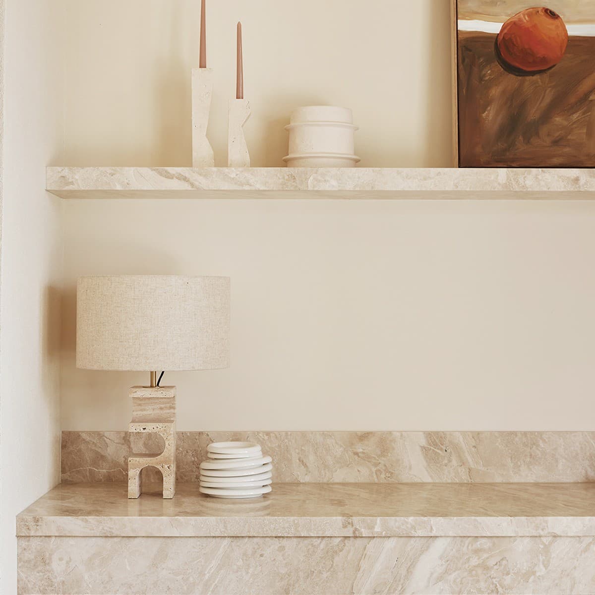 Forma 1 Light Table Lamp in Travertine with Natural Linen Shade-img-7
