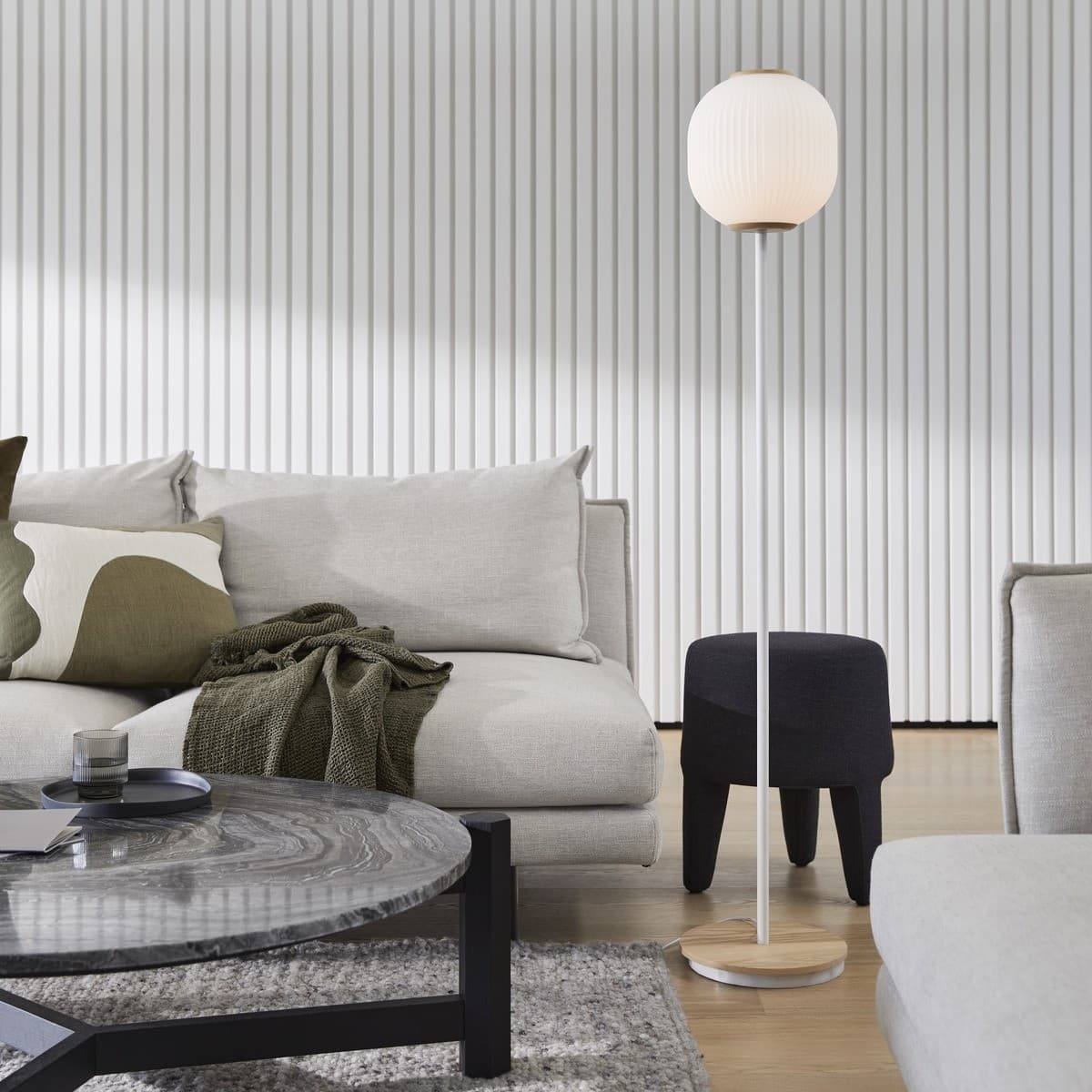 Mele 1 Light Floor Lamp in White with Ash Base and Ribbed Frost Glass Shade-img-2