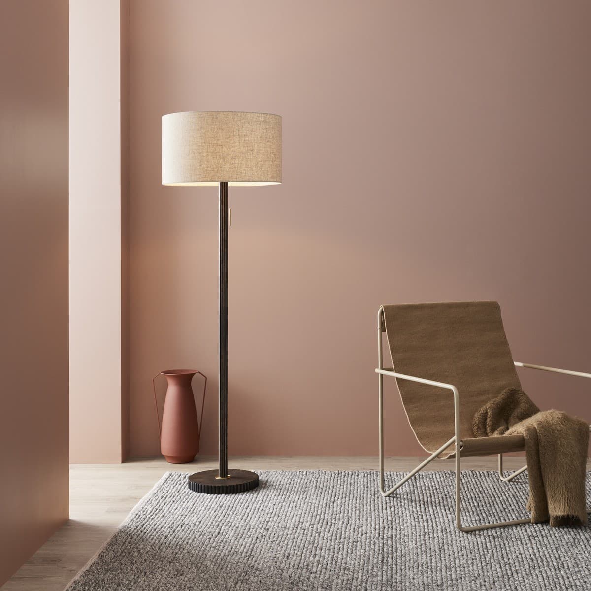 Eton 1 Light Floor Lamp in Walnut with Brass and Natural Linen Shade-img-2