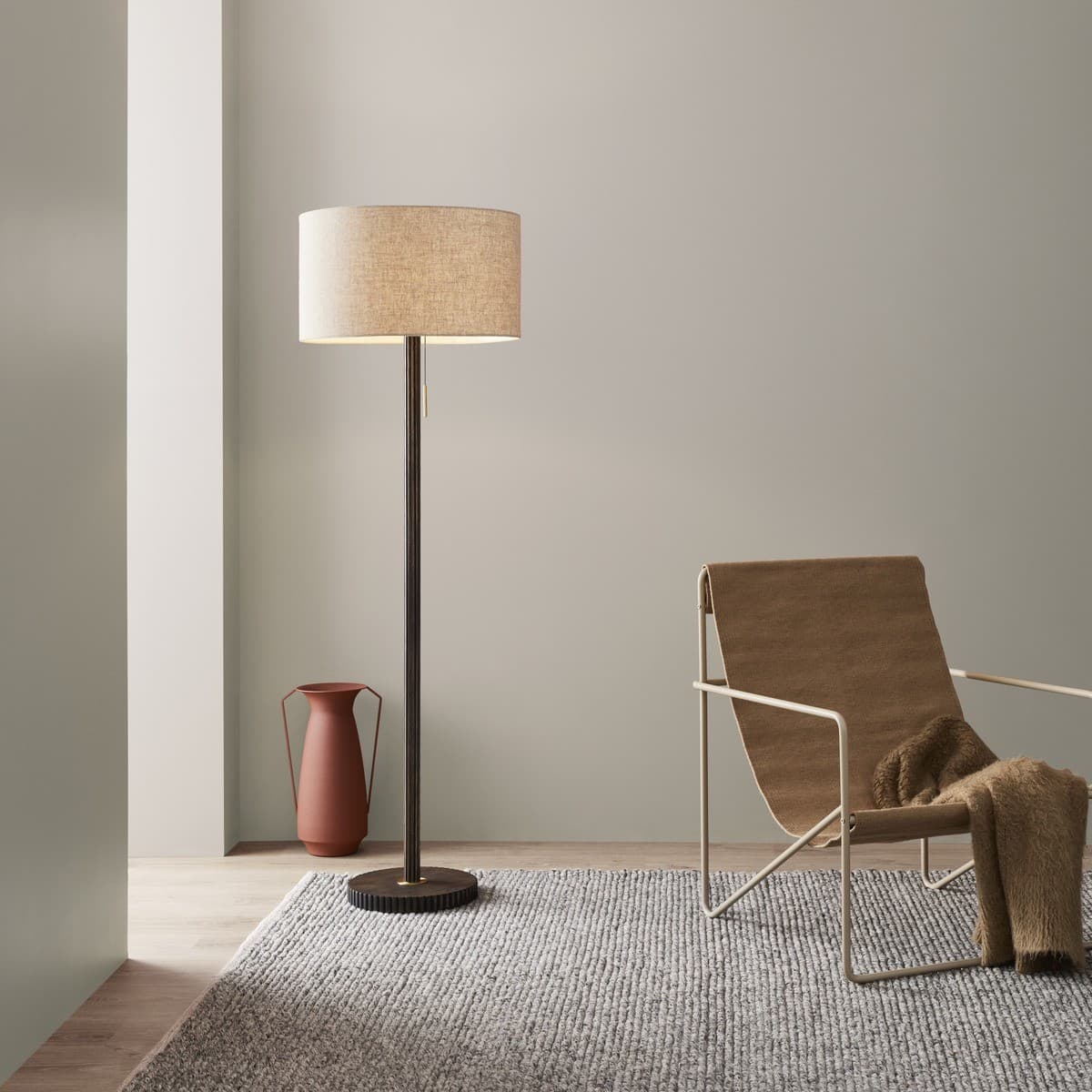 Eton 1 Light Floor Lamp in Walnut with Brass and Natural Linen Shade-img-3