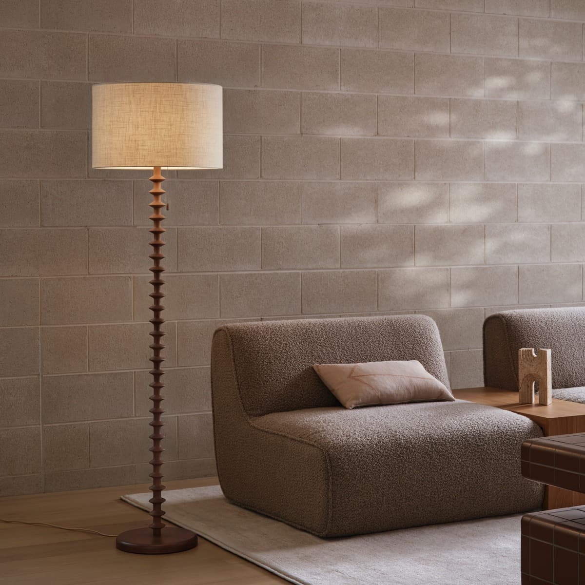 Garret Floor Lamp in Walnut with Natural Linen Shade