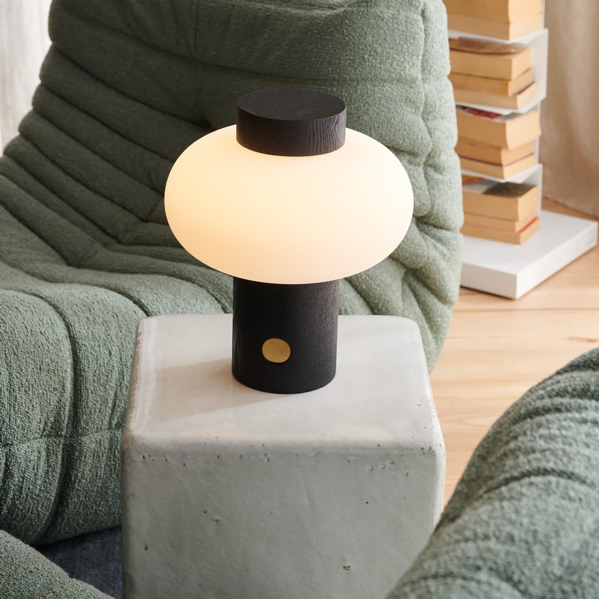 Zion 1 Light Touch Table Lamp in Black with Opal Frosted Glass Shade and Brass Detail-img-2