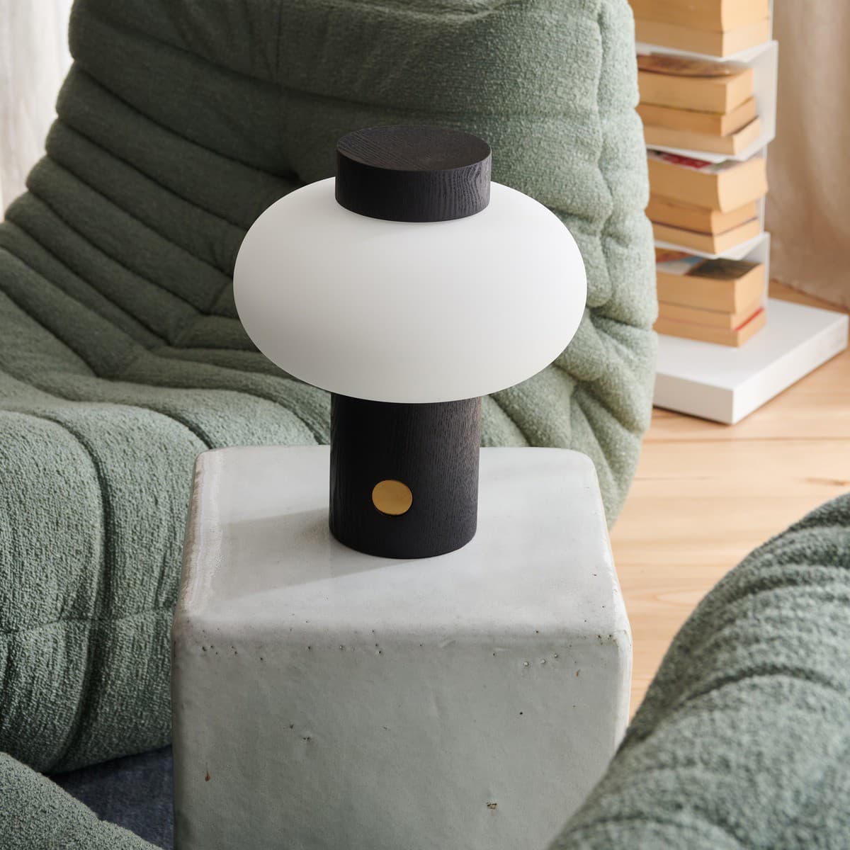 Zion 1 Light Touch Table Lamp in Black with Opal Frosted Glass Shade and Brass Detail-img-3