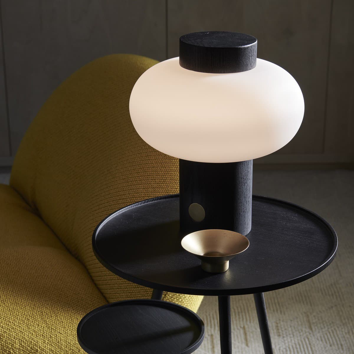 Zion 1 Light Touch Table Lamp in Black with Opal Frosted Glass Shade and Brass Detail-img-5