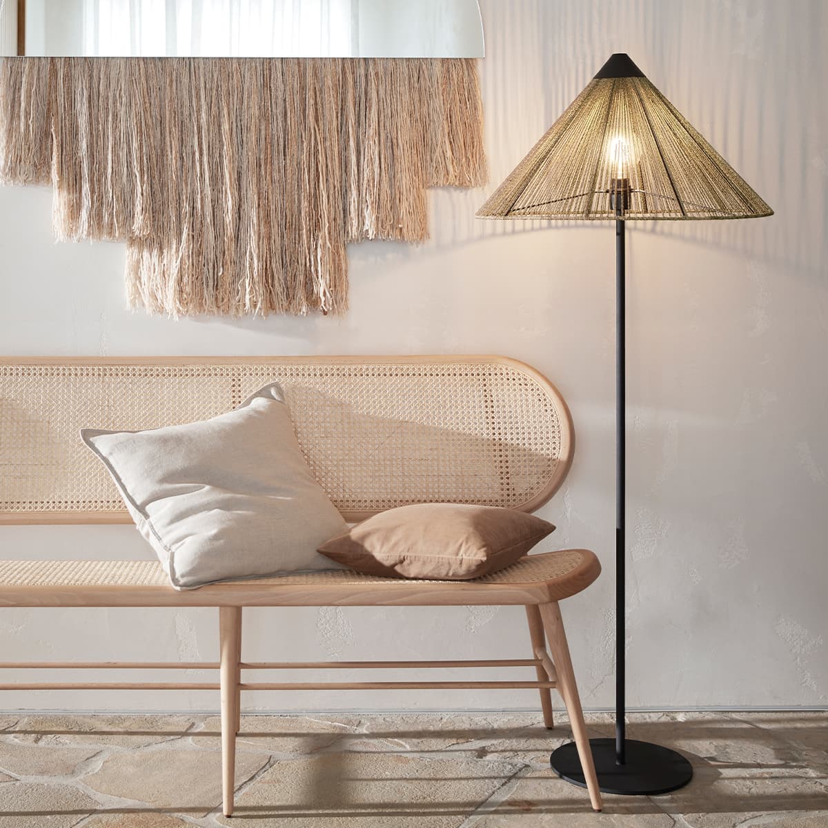 Knoll 1 Light Floor Lamp in Black with Natural Jute Rope Conical Shade
