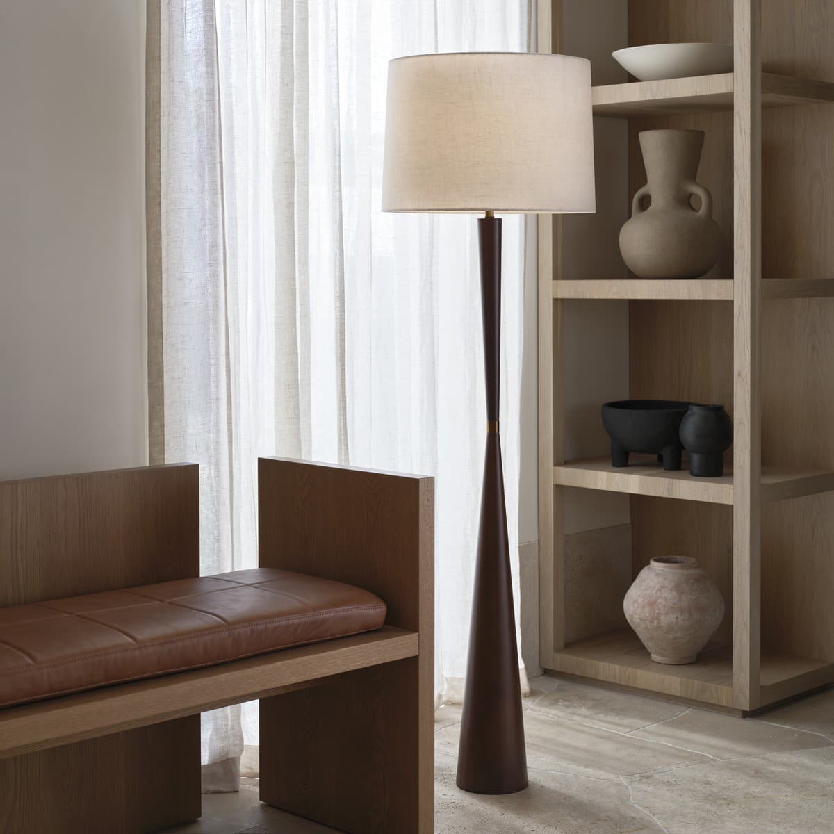 Wirth 1 Light Floor Lamp in Walnut with Natural Linen Shade and Bronze Details-img-2