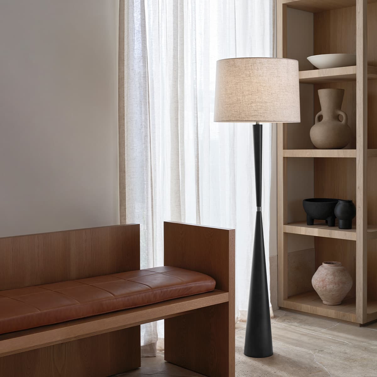 Wirth 1 Light Floor Lamp in Burnished Black with White Linen Shade and Aged Nickel Details-img-2