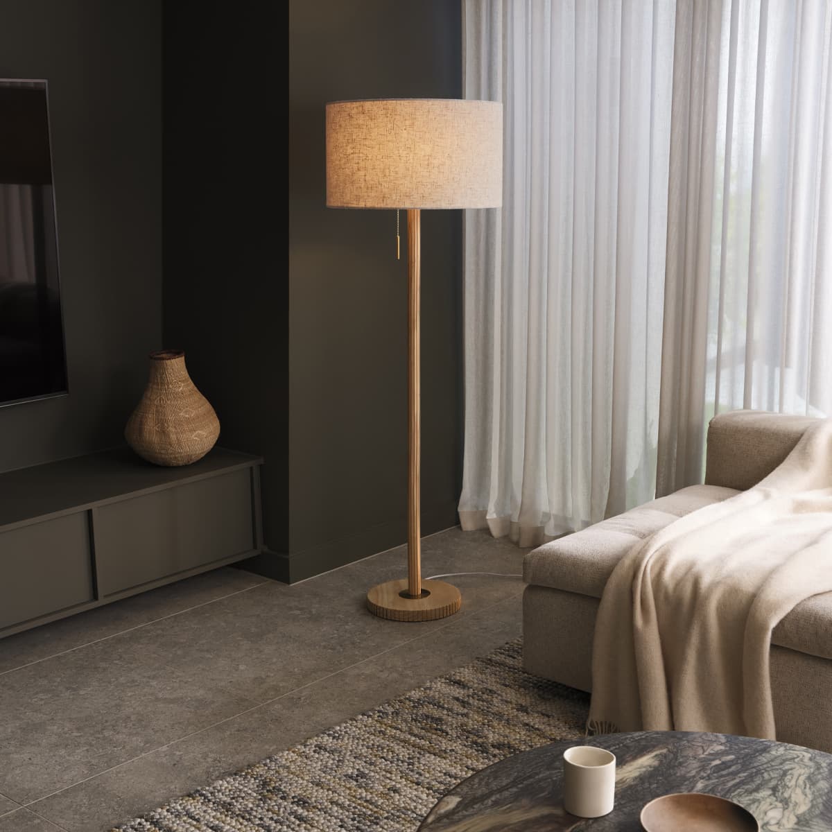Eton 1 Light Floor Lamp in Oak with Brass and Natural Linen Shade-img-2