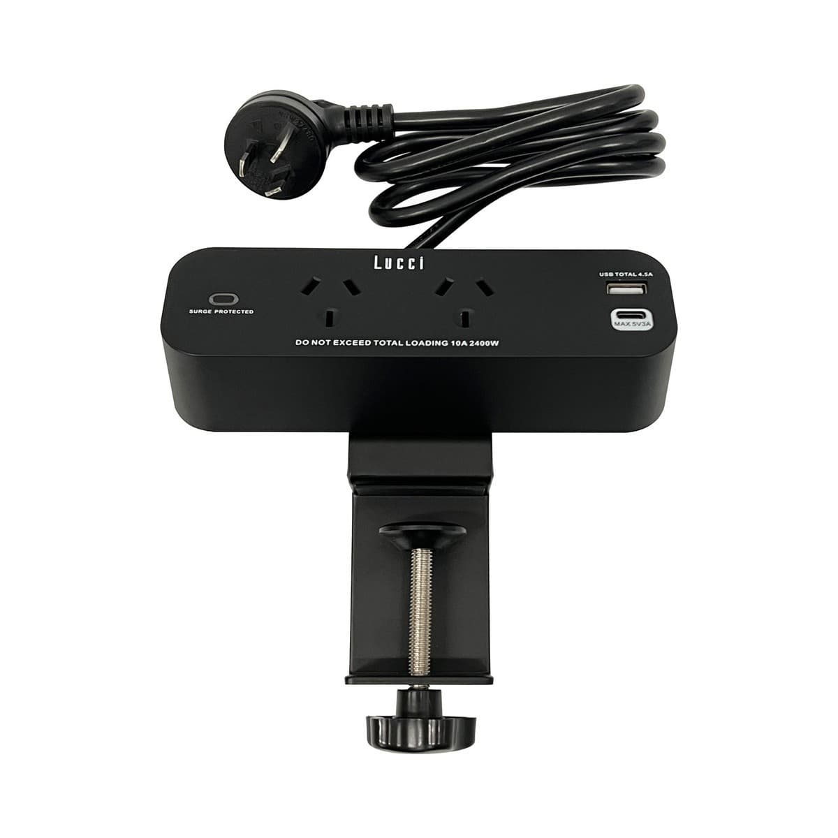 Lucci 2 Outlet Desktop Clamp Mounted Power Station in Black with 2 USB Charging Ports