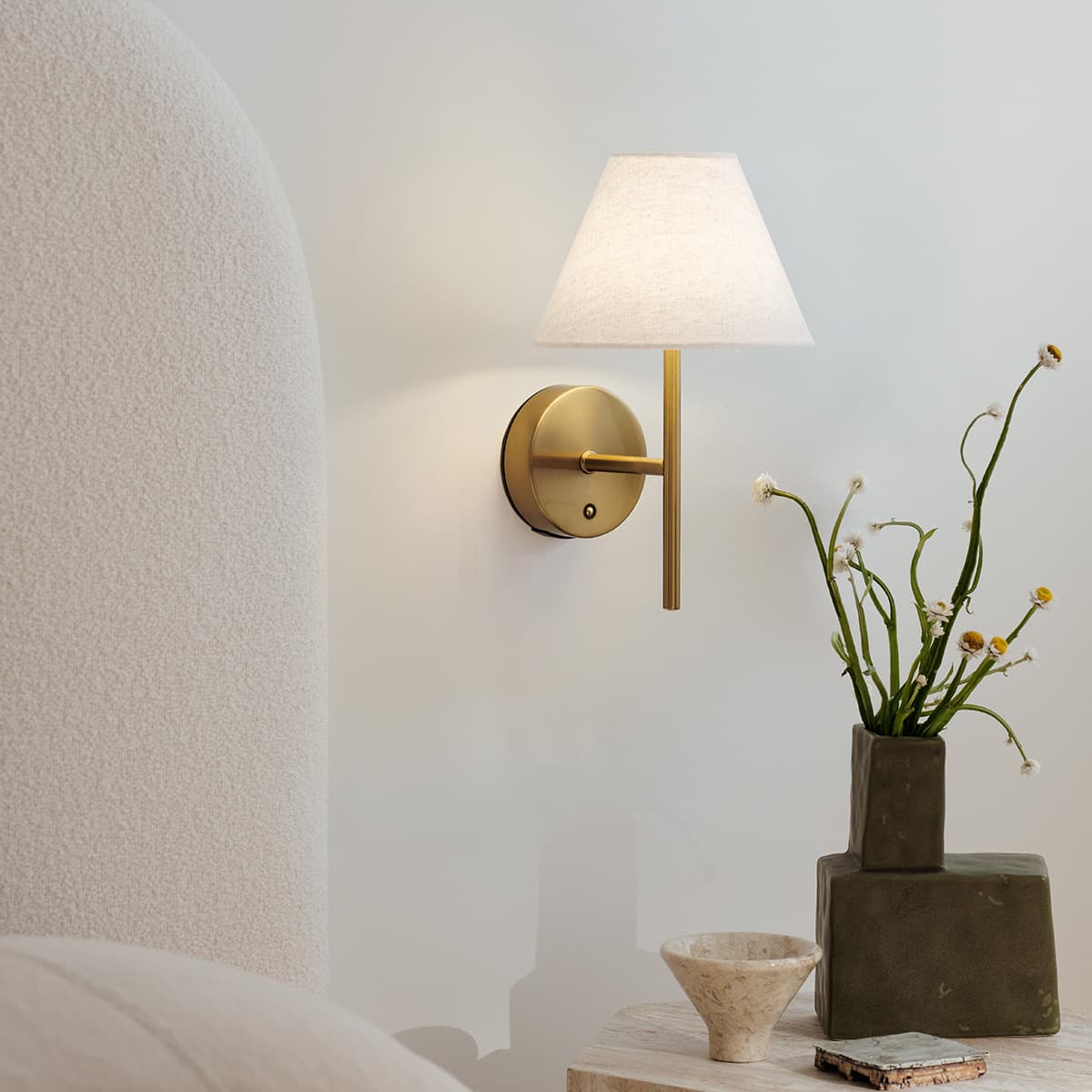Portia LED Rechargeable Battery Wall Bracket in Aged Brass and White Linen-img-2