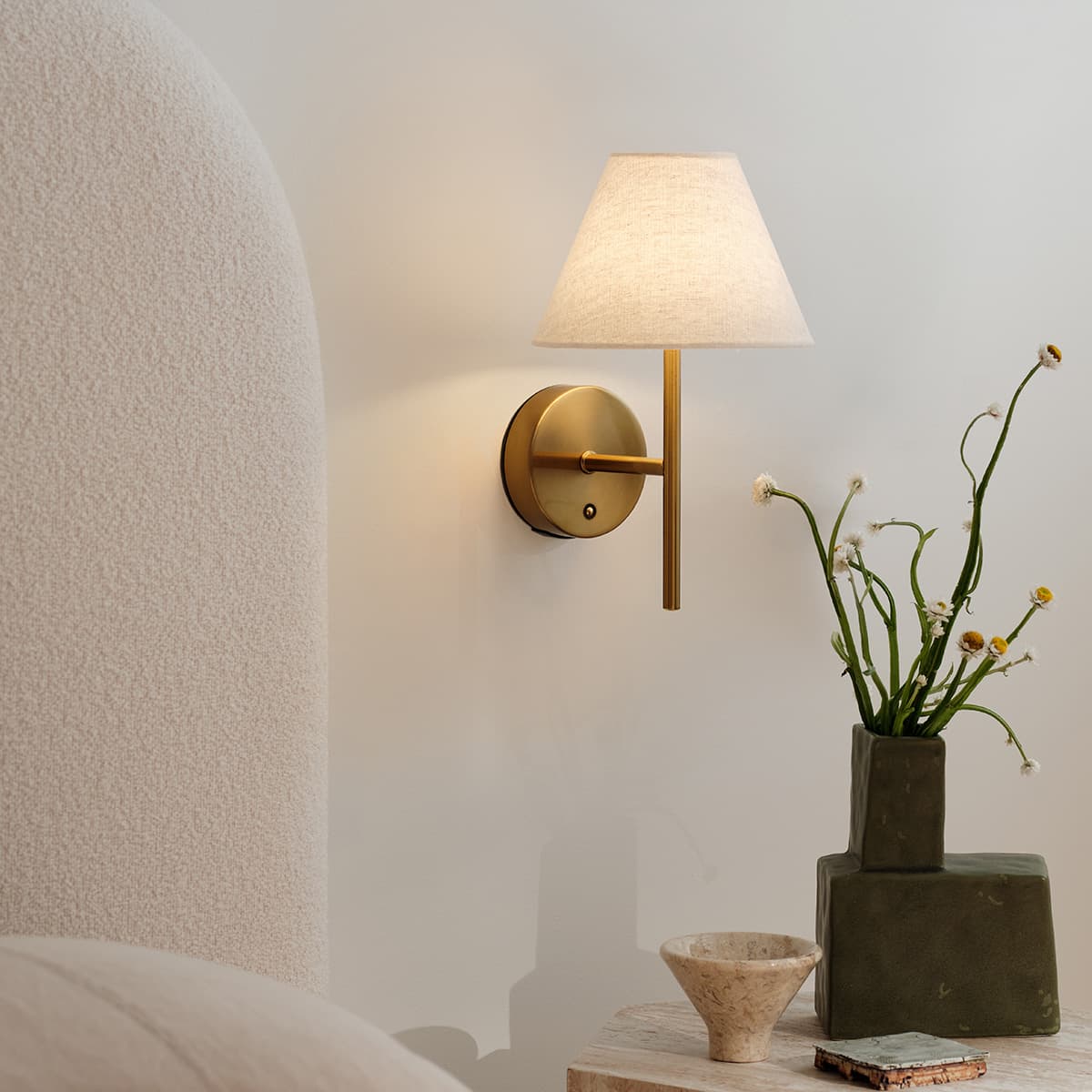 Portia LED Rechargeable Battery Wall Bracket in Aged Brass and White Linen-img-3