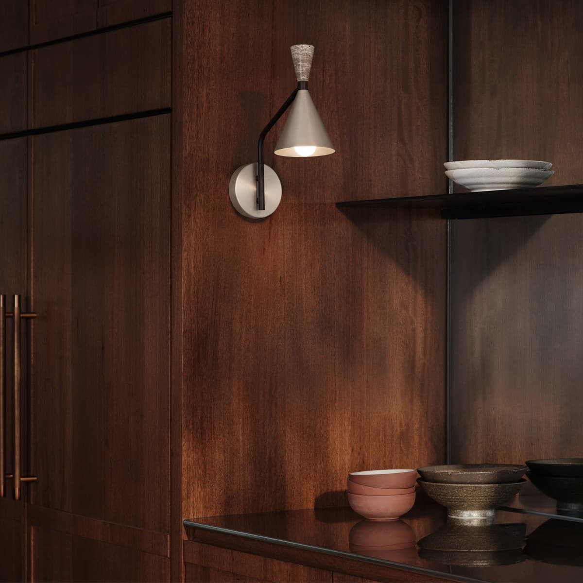 Campari 1 Light Wall Bracket in Brushed Nickel with Silver Travertine and Textured Black Details-img-4