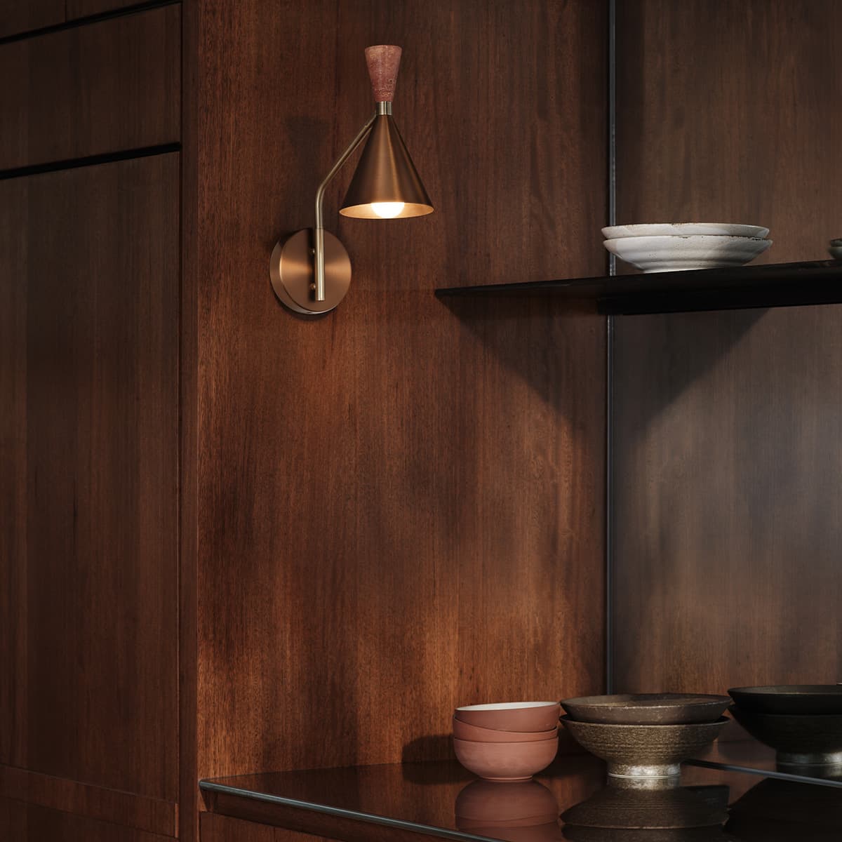 Campari 1 Light Wall Bracket in Brushed Copper with Rose Travertine and Antique Brass Details-img-2