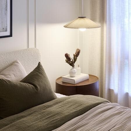 image by alisa_lysandra containing bed, lamp, nightstand, bedroom, pillow