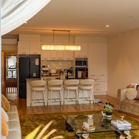 image by fixitgroupau containing living room, kitchen, fireplace, stool, white