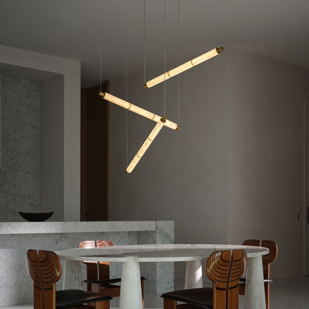 Made by Mayfair Cadence 3 Light LED Colour Switching Trapeze Pendant in Aged Brass with Spanish Alabaster | Beacon Lighting