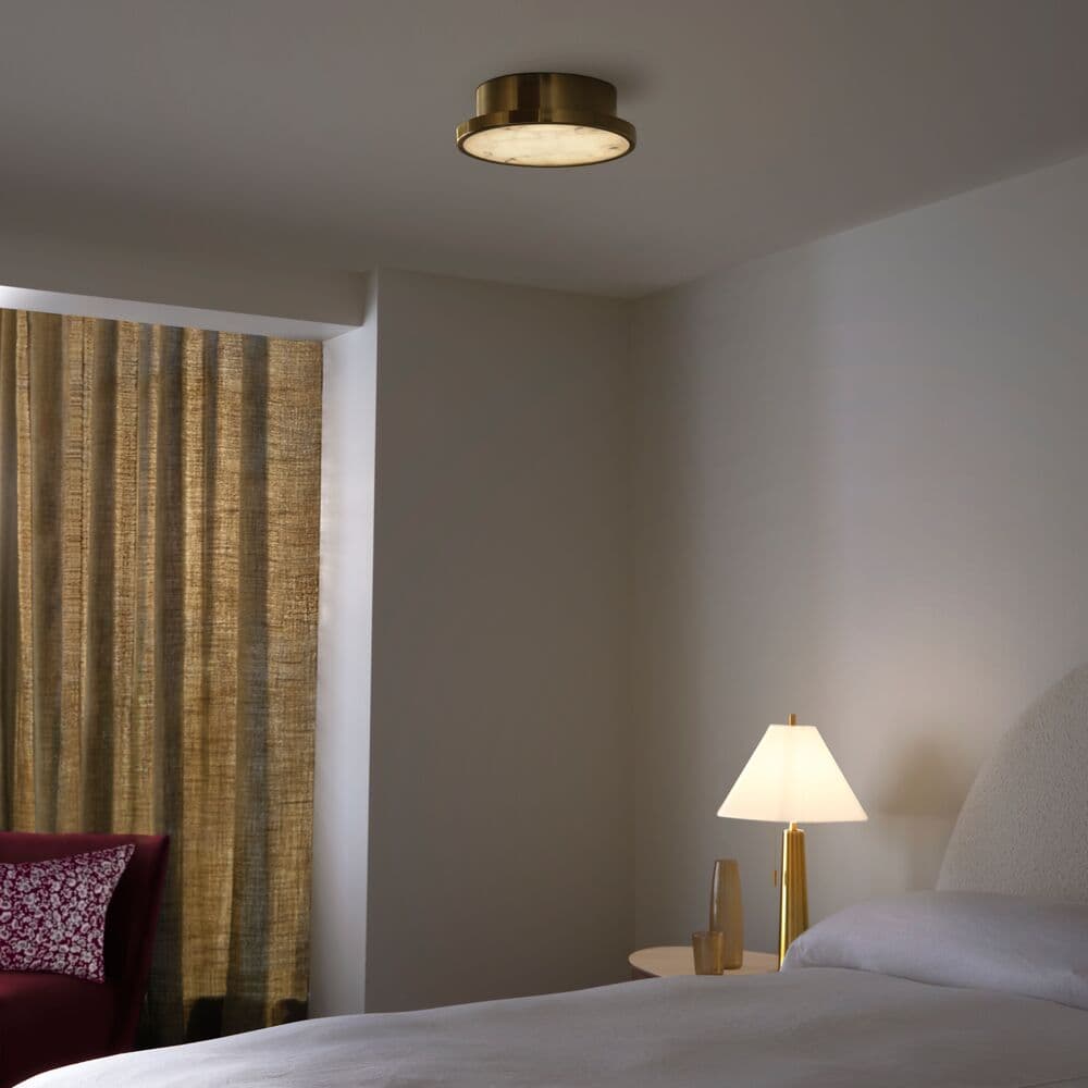 Made By Mayfair Amadeus 270mm 1 Light Flush Mount in Aged Brass with Alabaster Shade | Beacon Lighting