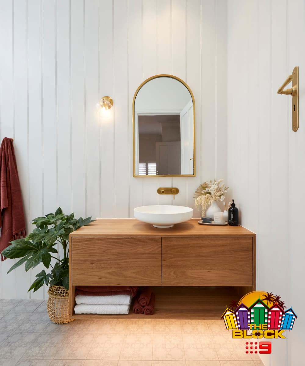The Block 2020: Luke & Jasmin's guest ensuite Aksel Wall Light Brass | Beacon Lighting