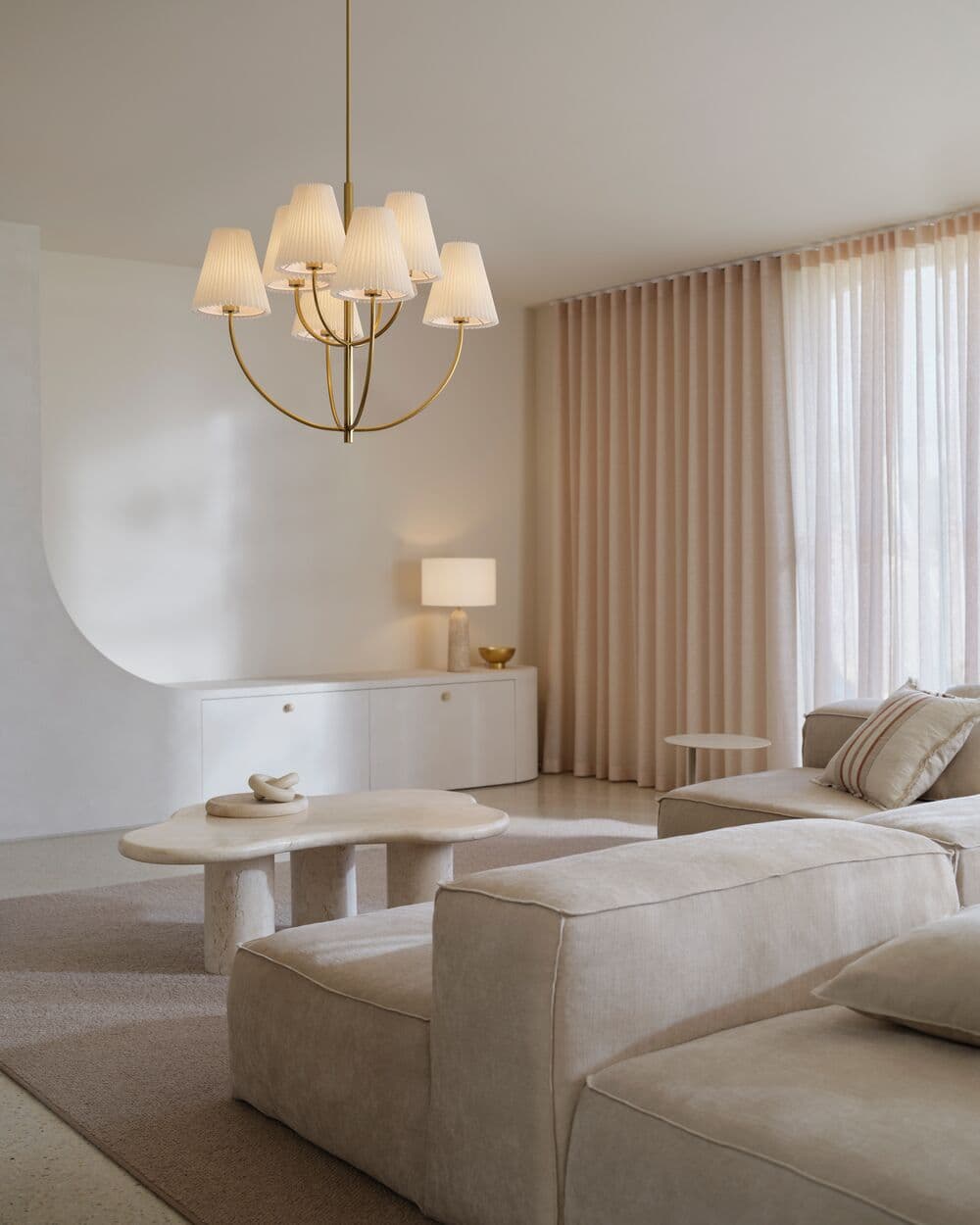 Hoxton 8 Light Pendant in Aged Brass with Pleated White Linen | Beacon Lighting