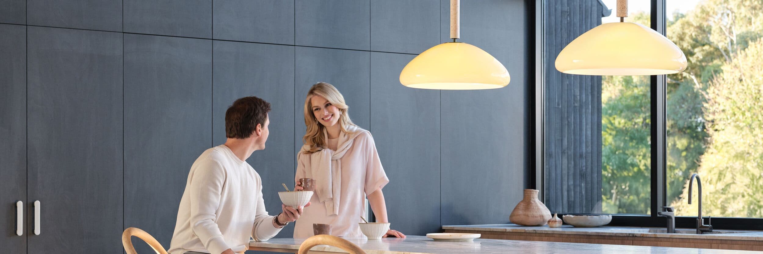 Merci 3 Light Large Pendant in Milk Glass with Bronze and Natural Travertine Detail | Beacon Lighting